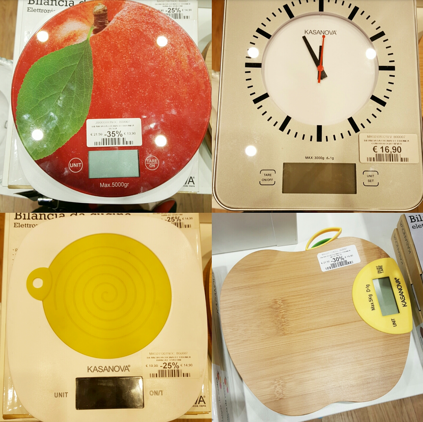 Went into a home store and found a bunch of adorable digital scales! Bottom left had a removeable silicone trivet.