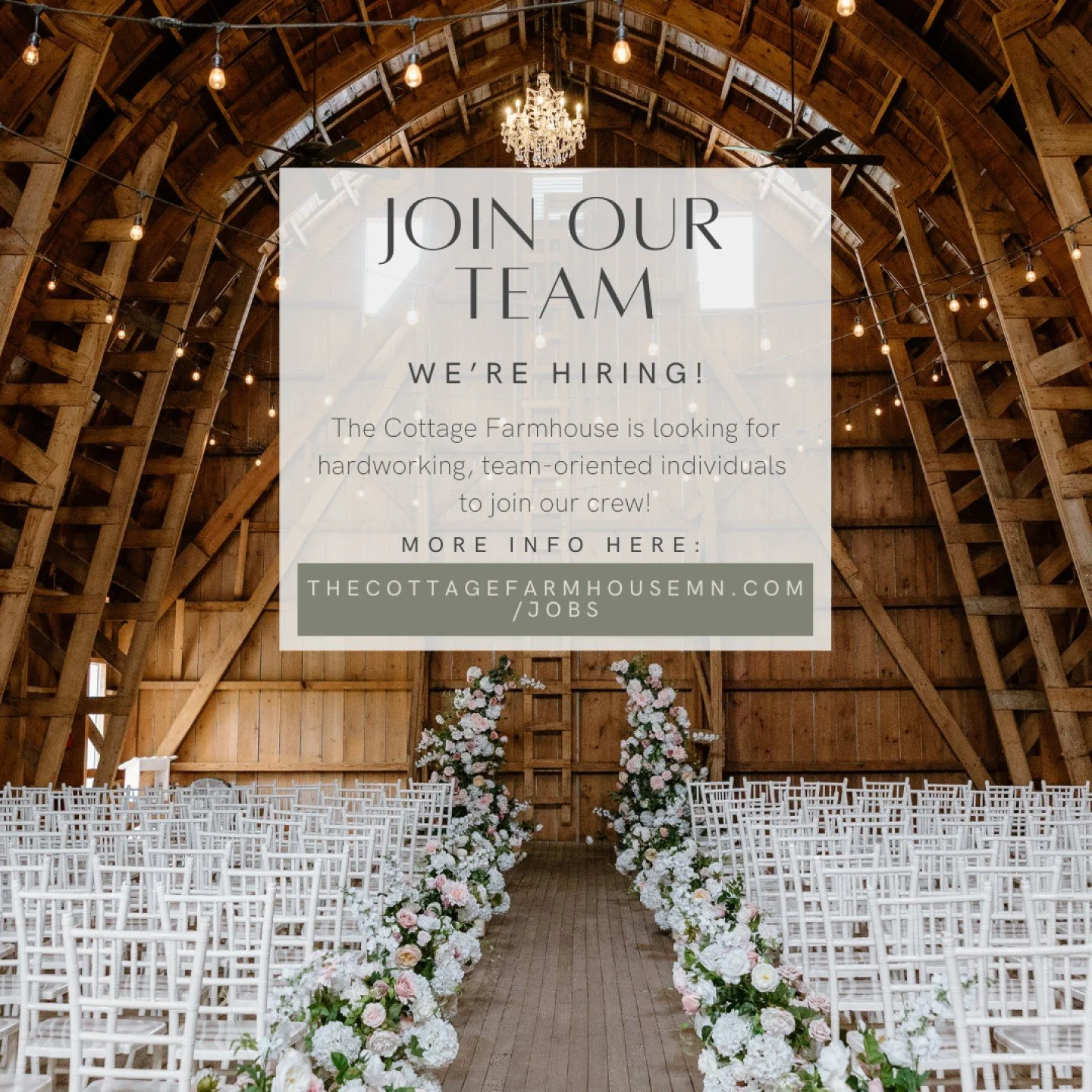 ✨ We're Hiring... 

We're looking for a few exceptional people to join The Cottage Farmhouse team! If you love serving people, notice the little details, take initiative without being asked, and enjoy working alongside an incredible team, we'd love t