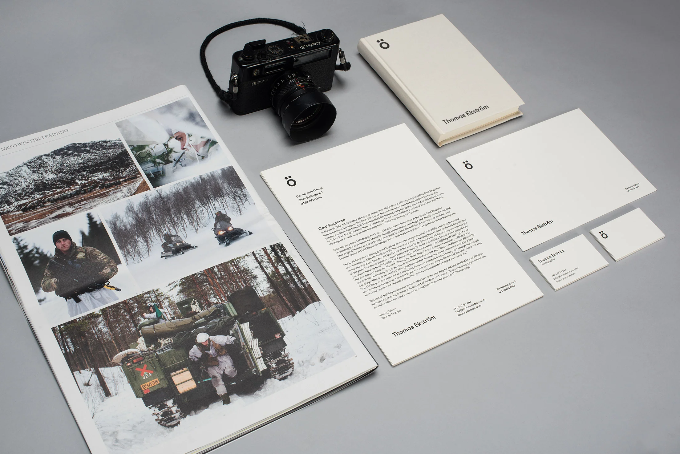 Identity for the Finnish born, Swedish speaking, Norwegian resident and very talented photographer Thomas Ekström. The visual identity is based on Thomas’ un-Norwegian origin by highlighting the umlaut that tells about his origin and identity. The umlaut can be interpreted as a face, a lens with two eyes looking up, or something entirely else. It is used on all surfaces to create an eye-catcher. Combined with the geometric sans serif font GT Walsheim and the cream colored paper Munken Pure we get a professional and masculine expression that at the same time is warm and friendly.