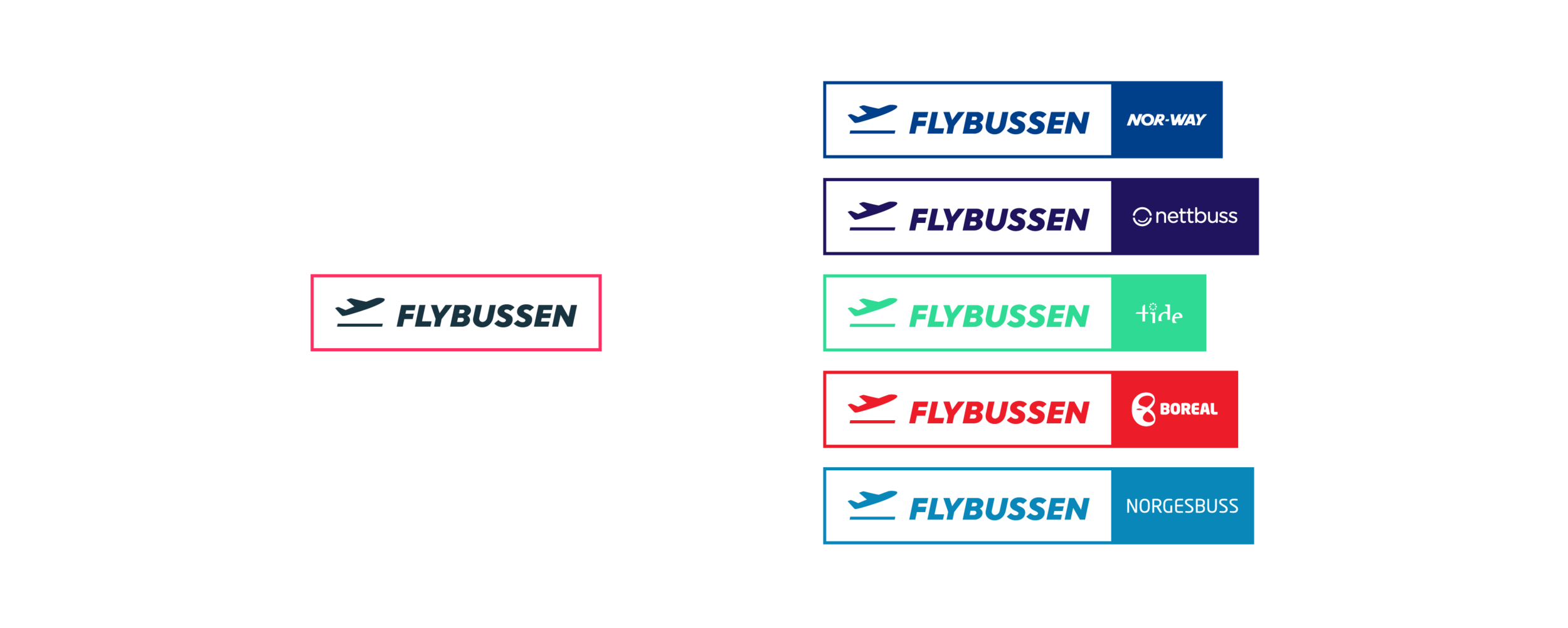 The visual identity is based on an overall design language with a uniform system that is flexible and facilitates differentiation of each operator, so that Flybussen national and each operator have the same visual identity, yet the operator uses one of the main colors from their existing visual identity. This allows one to distinguish one operator from another and strengthens the overall recognisability. Flybussen's national visual profile is used when their communication regards all operators, for example on their website or during nationwide campaigns.
