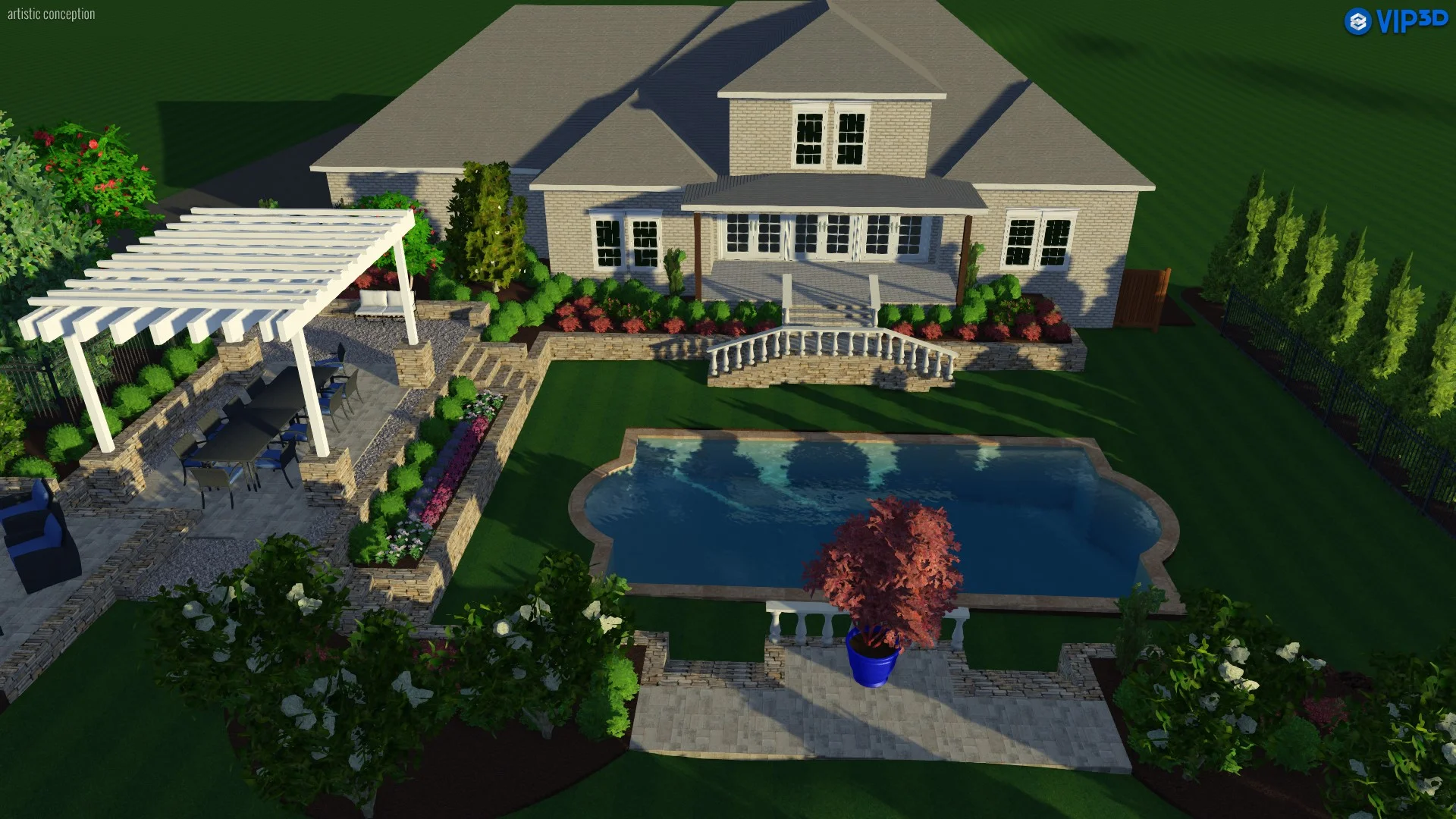 3D landscape design, pool with pool deck, pergola