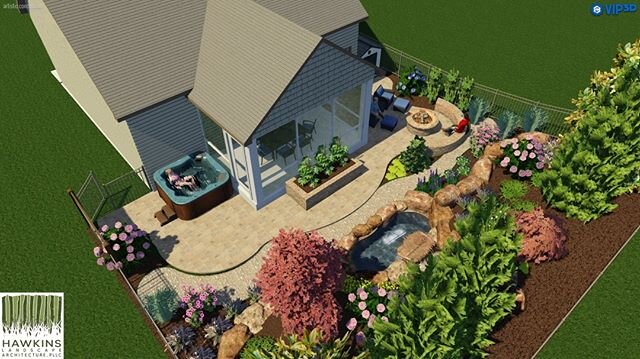 #backyardoasis  This smaller yard packs a lot of punch! The owner wanted to create an oasis that they could enjoy after a long day of work:) The new design included a new 4 season room, patio for their hot tub and a built in firepit area. Their enjoy