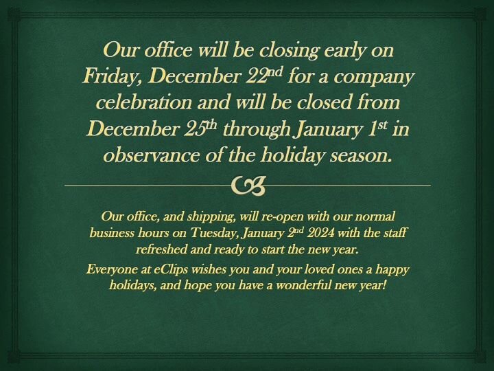 We hope you've all had a prosperous 2023, and a joyous holiday season. 

We will be closing early on Friday, December 22nd for our annual holiday lunch, and closed until January 2nd. We look forward to returning in the new year refreshed and ready to