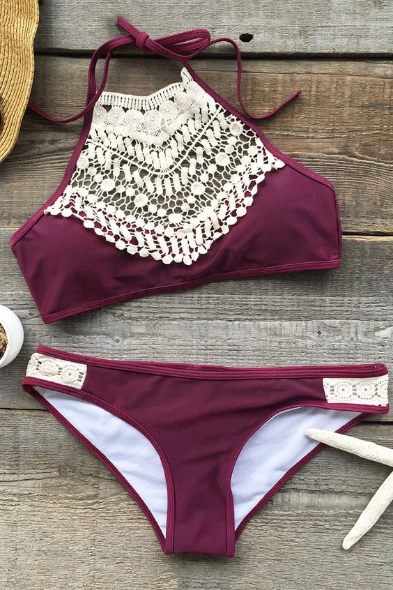 Boho Burgundy Embroidery Detail Bikini $29.99