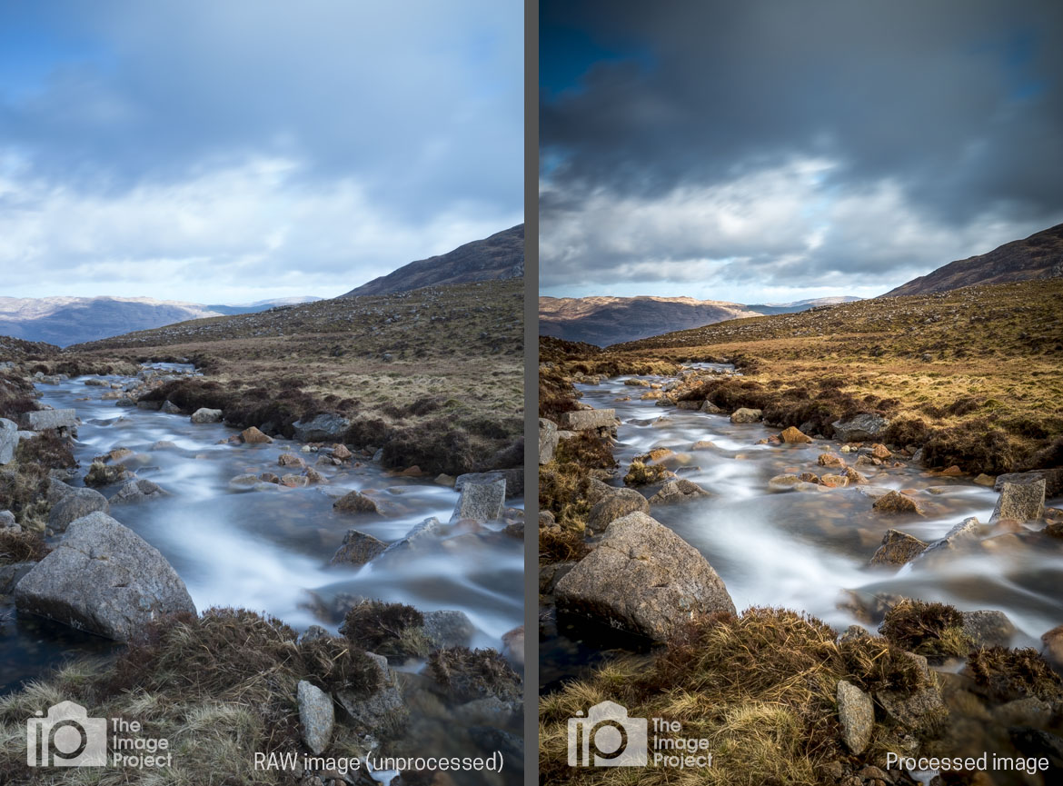 'Wild Mountain River' before (left) and after (right) processing