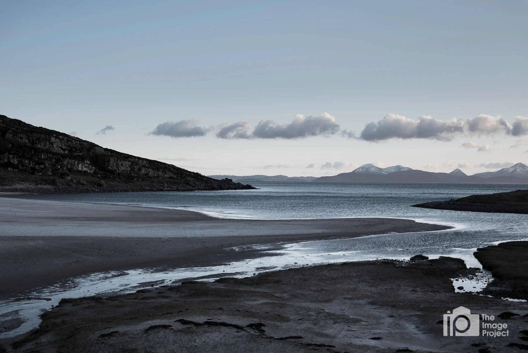 Golden hour shot of beach on Applecross peninsula, processed for a cold, semi-mono look, Feb 2018