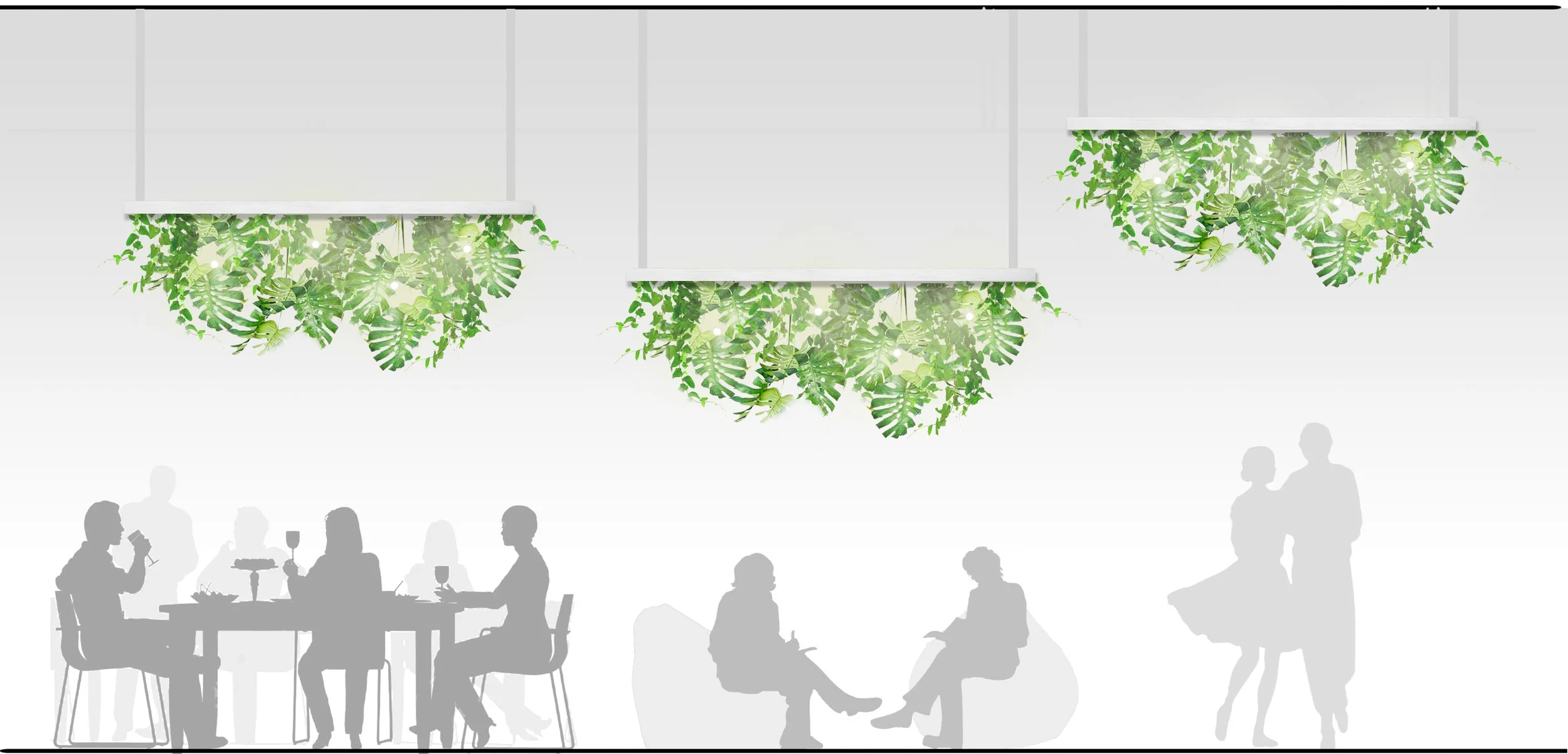 Zelené "lustry" se světelným zdrojem, polohovatelné vertikálně i horizontálně.