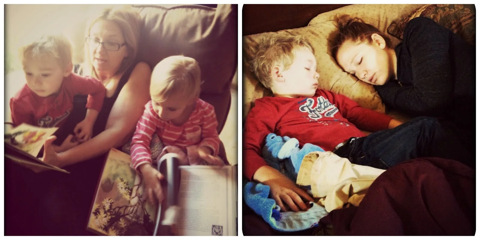 Emma and Jackson reading books with Grandma, Jackson napping with Aunt Amy