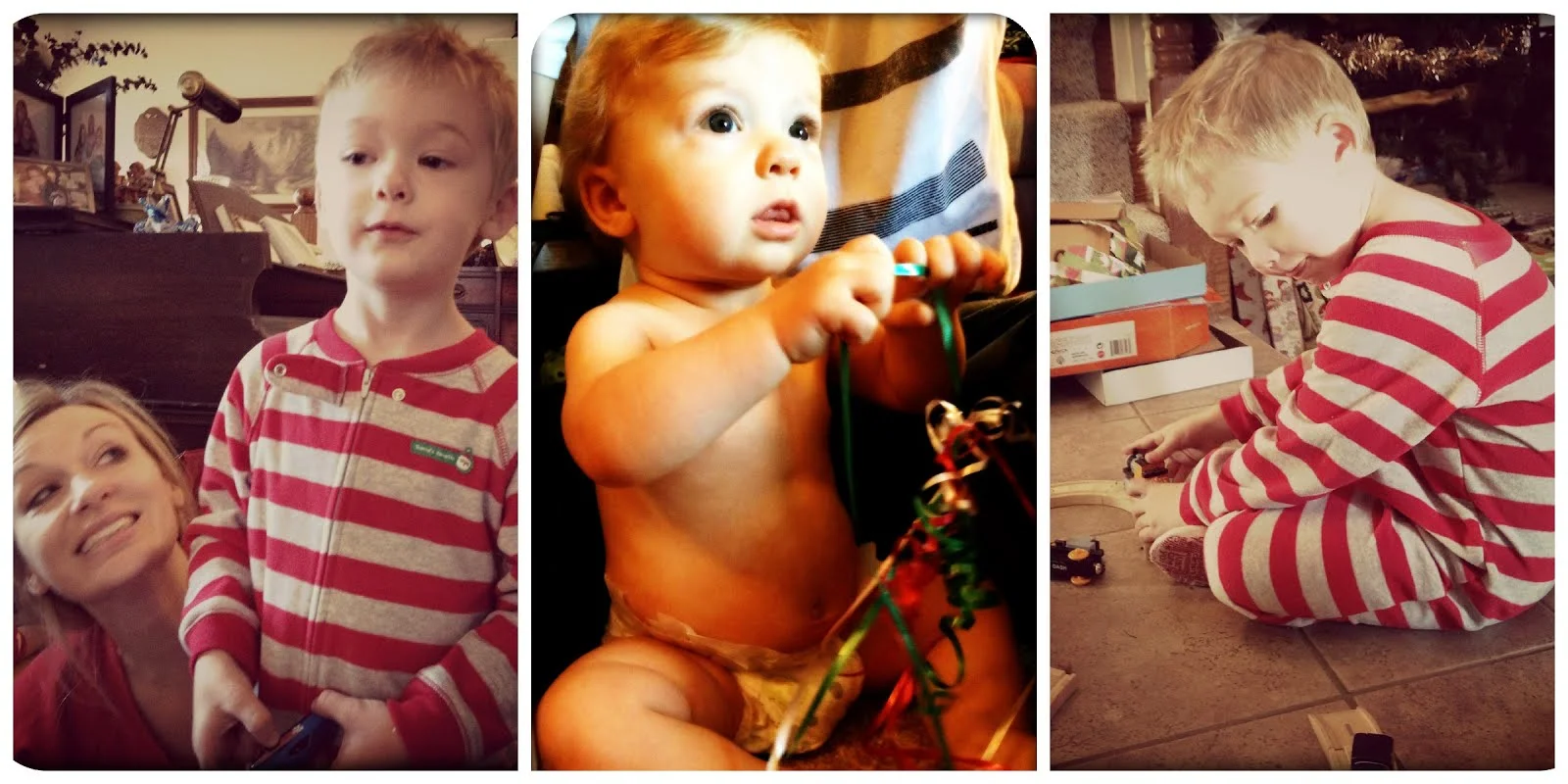 J ready to open presents, Coop not caring about presents at all but loving the string, J and some new trains