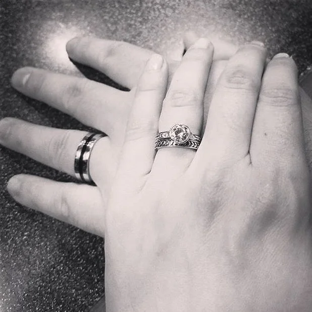 Custom wedding set. White gold with black enamel inlay; White gold with heirloom diamond