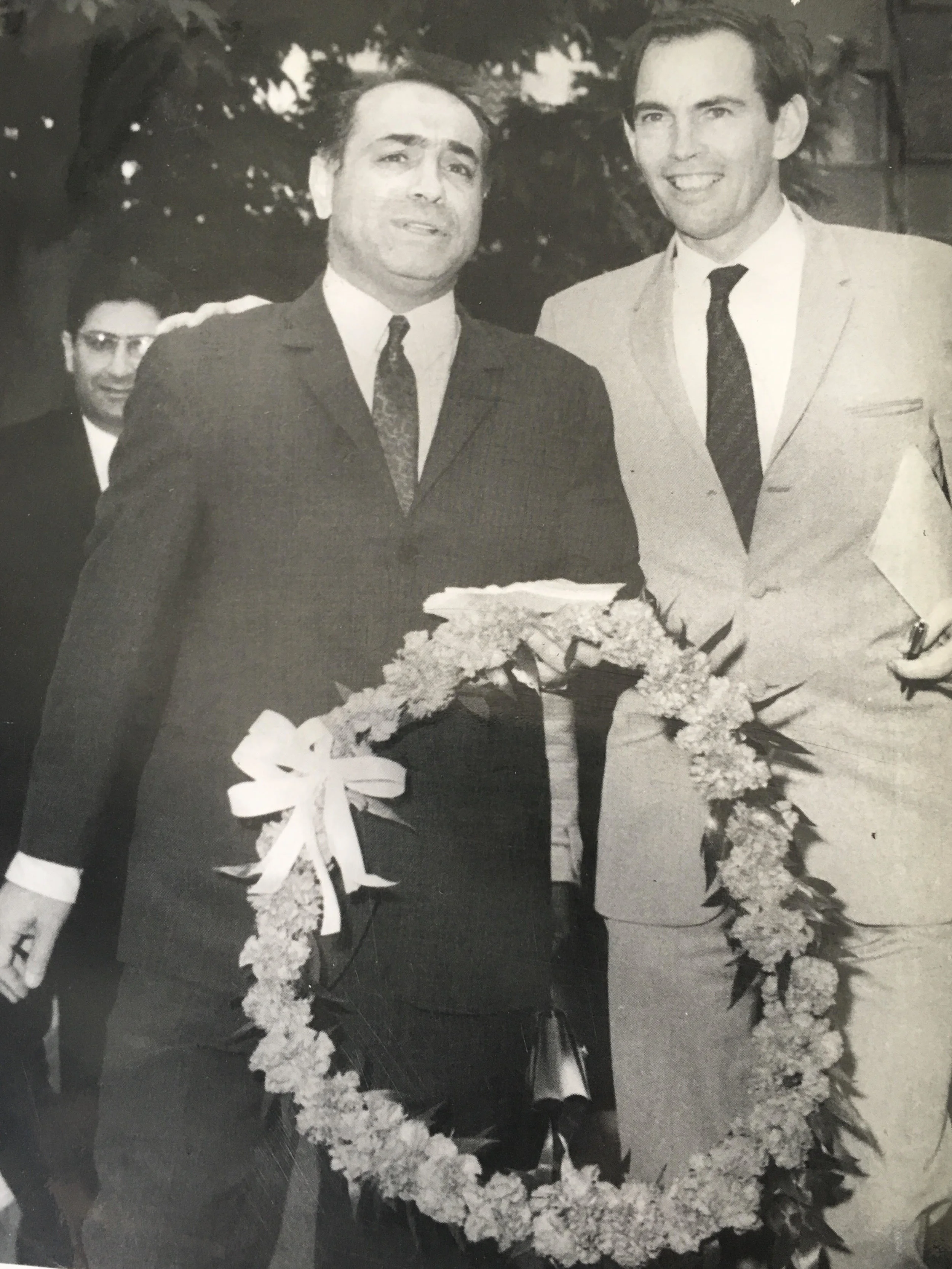 1968-My father, Kazem Kazemaini (left) Director of Bank Melli Sports Club in Iran and Technical Advisor to Iranian Olympic and Paralympics Commitee with his guest South African Professor Christiaan Barnard (right), first cardiac surgeon to perform the world's first human-to-human heart transplant. Co Authors of the book "Crossing international Boundaries with traditional Iranian Sports"