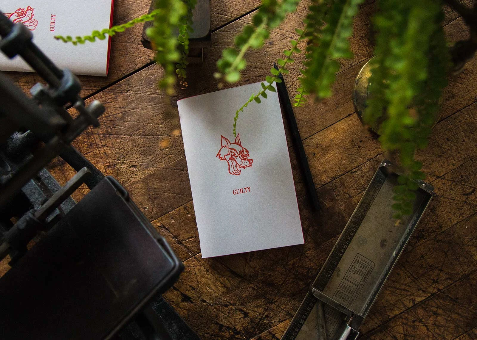 Letterpress printing with sketchbook and plant