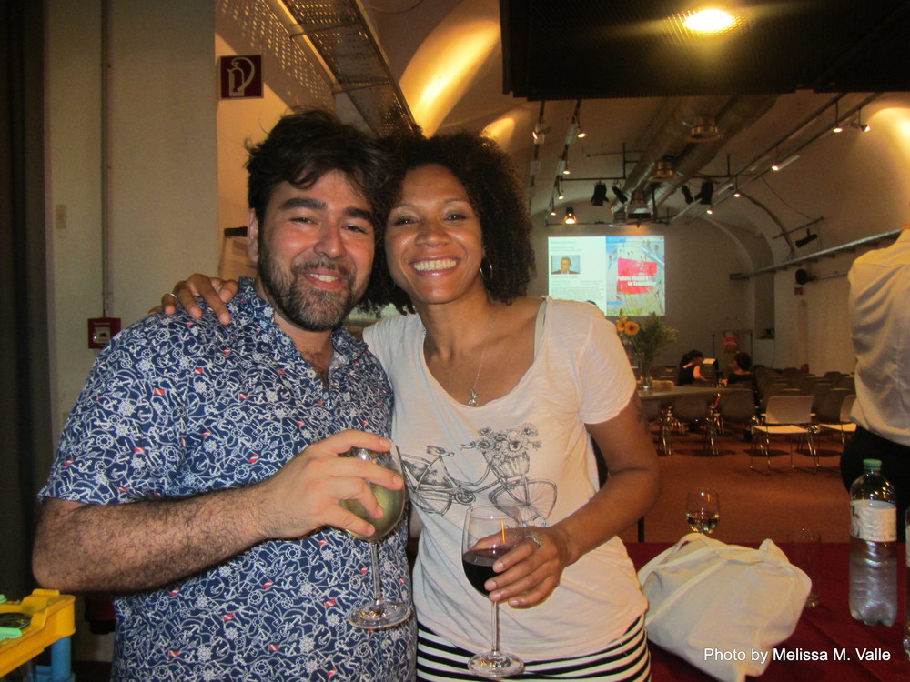 7.7.14 Vienna, Austria-wining it up in Museum Quartier after Amin lecture (5)- me and Estuardo.JPG