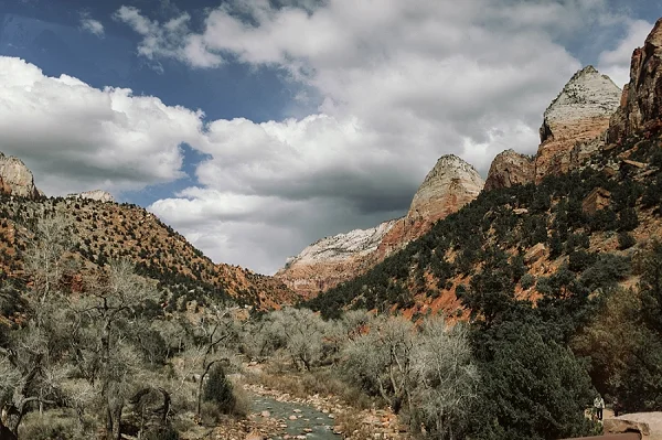 View of Angels Landing from Virgin River in Zion National Park