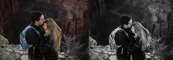 Couple snuggled together in a romantic pose at Angel's Landing in Zion National Park for their desert engagement session.