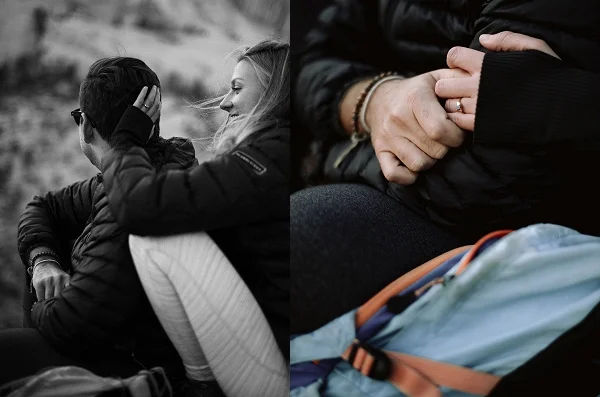 Couple snuggled together in a romantic pose at Angel's Landing in Zion National Park for their desert engagement session.