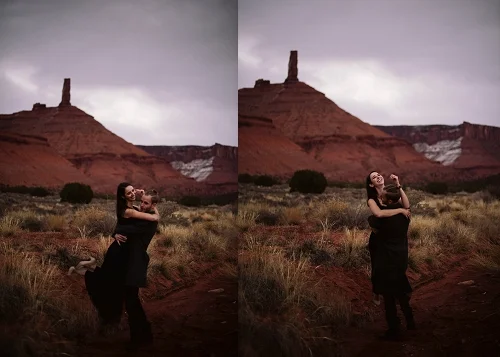 Couple underneath Castleton in Moab, Utah