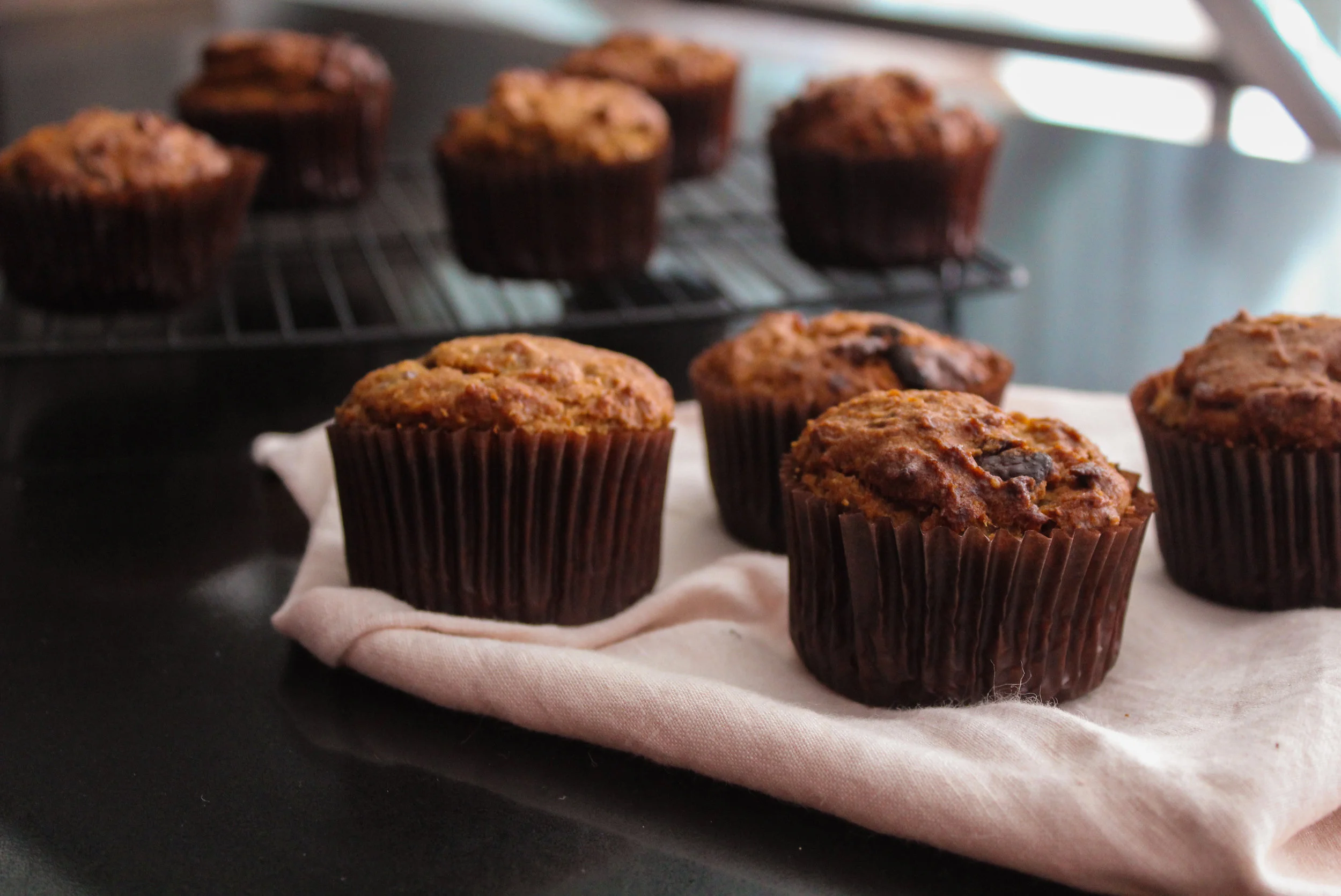 ALMOND BUTTER AND BANANA CHOC CHUNK MUFFINS | vegan, dairy free, gluten free, egg free, healthy , easy, plant based , refined sugar free, recoveringraw.com, recovering raw