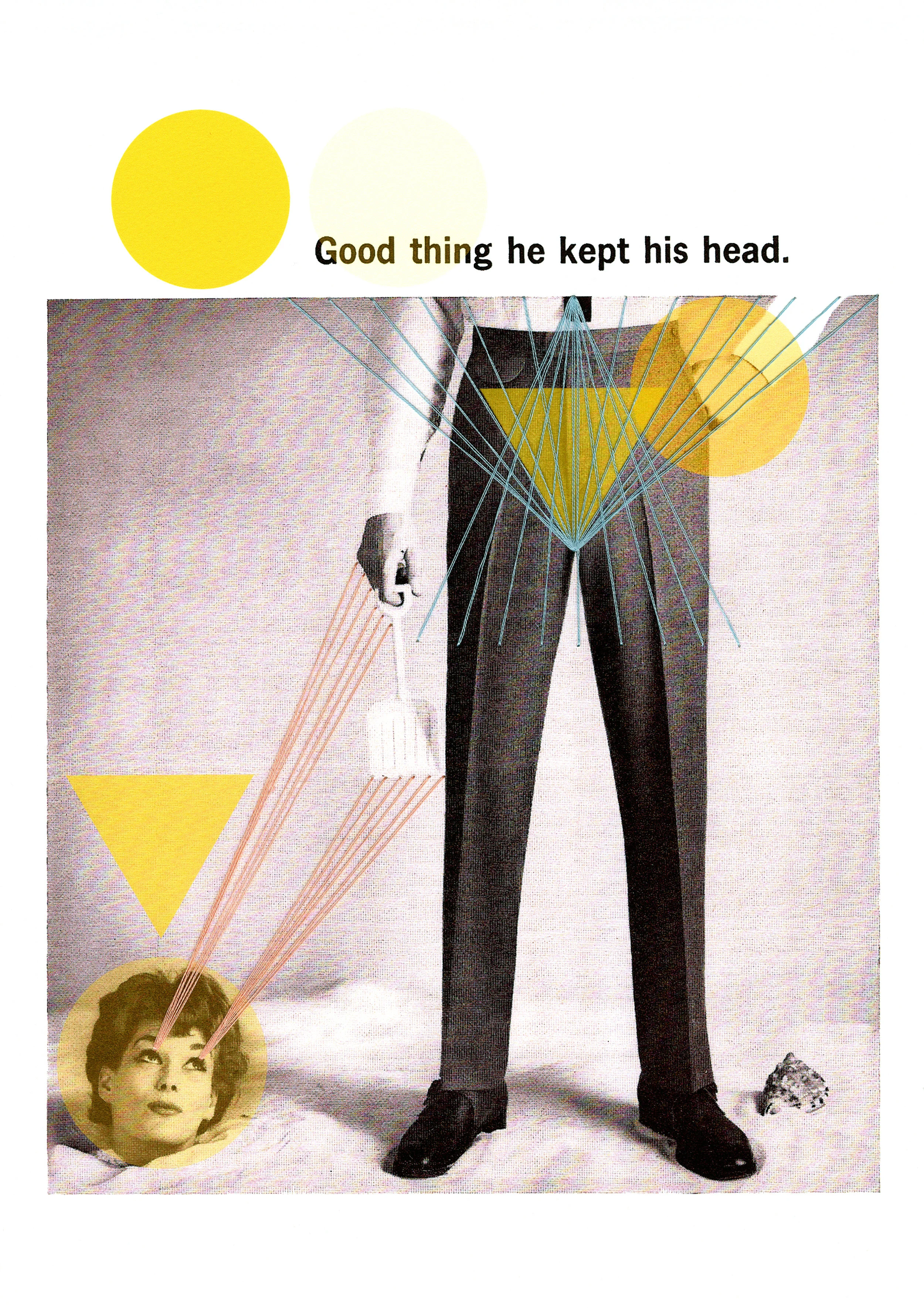 His Head Vintage Ad digitally altered to highlight sexism Printed on Fine Art Paper Embroidery Thread
