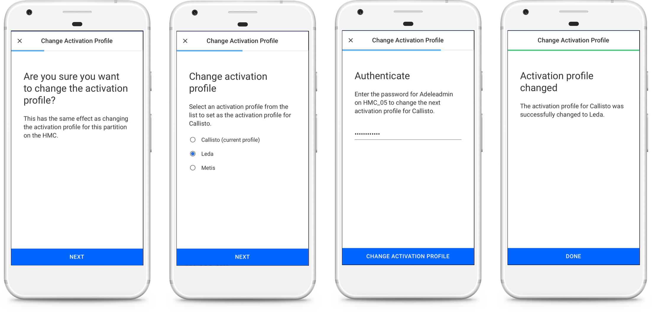 From left to right: confirmation, profile selection, authentication, and result screens.