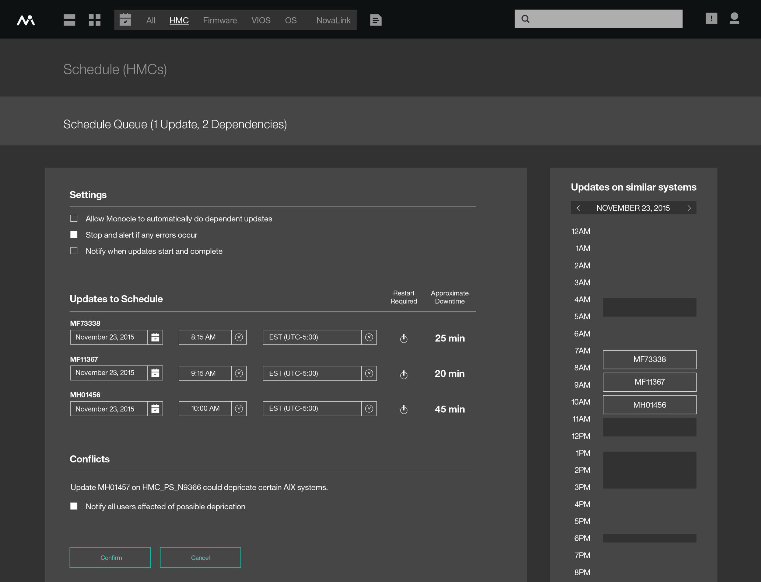 To help users schedule their security patches, we built a scheduling queue that gives them down time estimates and shows them the bigger picture of when updates are taking place on related systems.