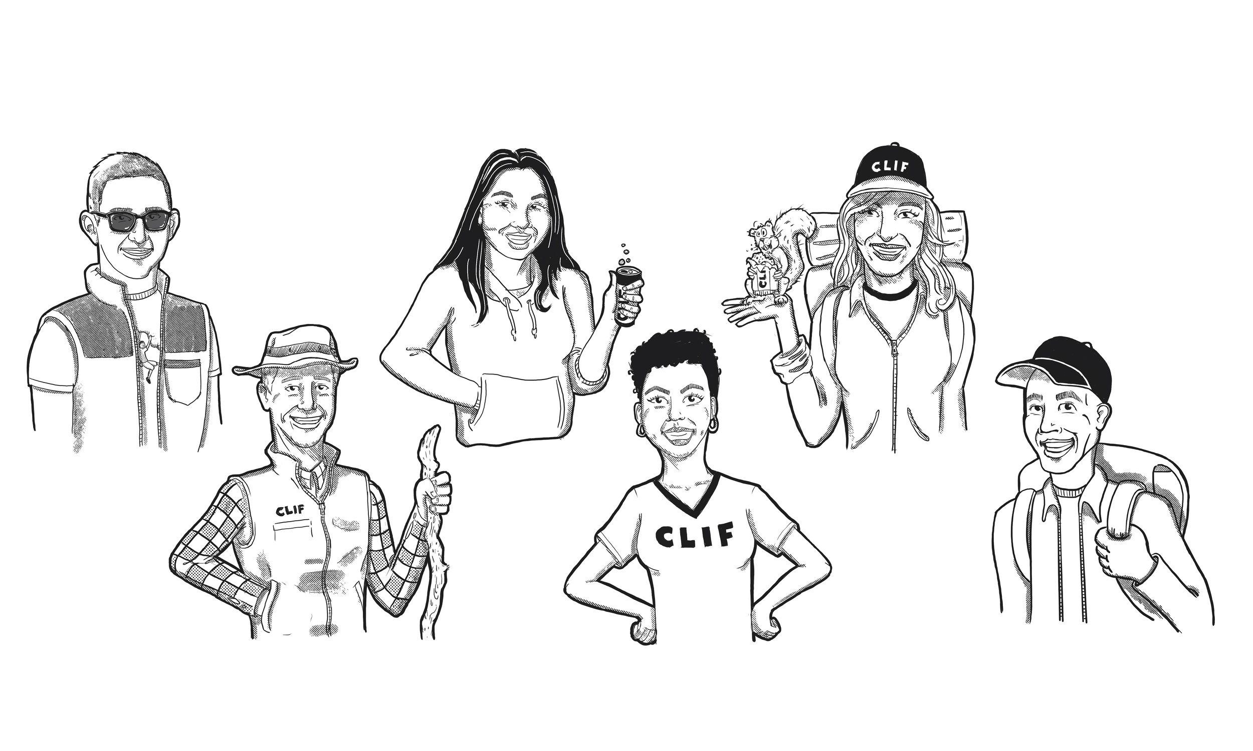 Caricature illustrations done for Clif product team I