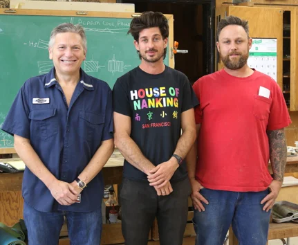 From left to right, Clay Craig long time Krenov Foundation supporter with 2018 Smith-Sorenson Scholarship winners Scott Nelson and Matt Pool