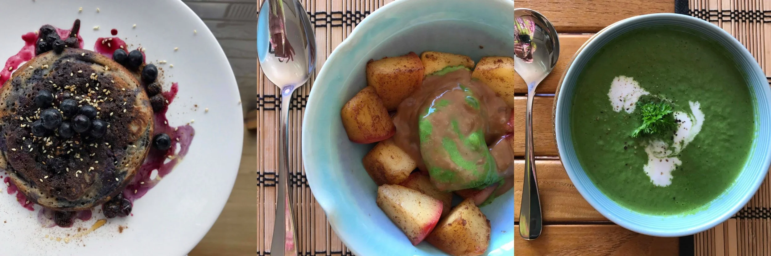 Some snapshots of the food - antioxidant-packed blueberry buckwheat pancakes for breakfast, and a nourishing green soup (entrée) and matcha ice cream with cinnamon apples (dessert) at lunch.