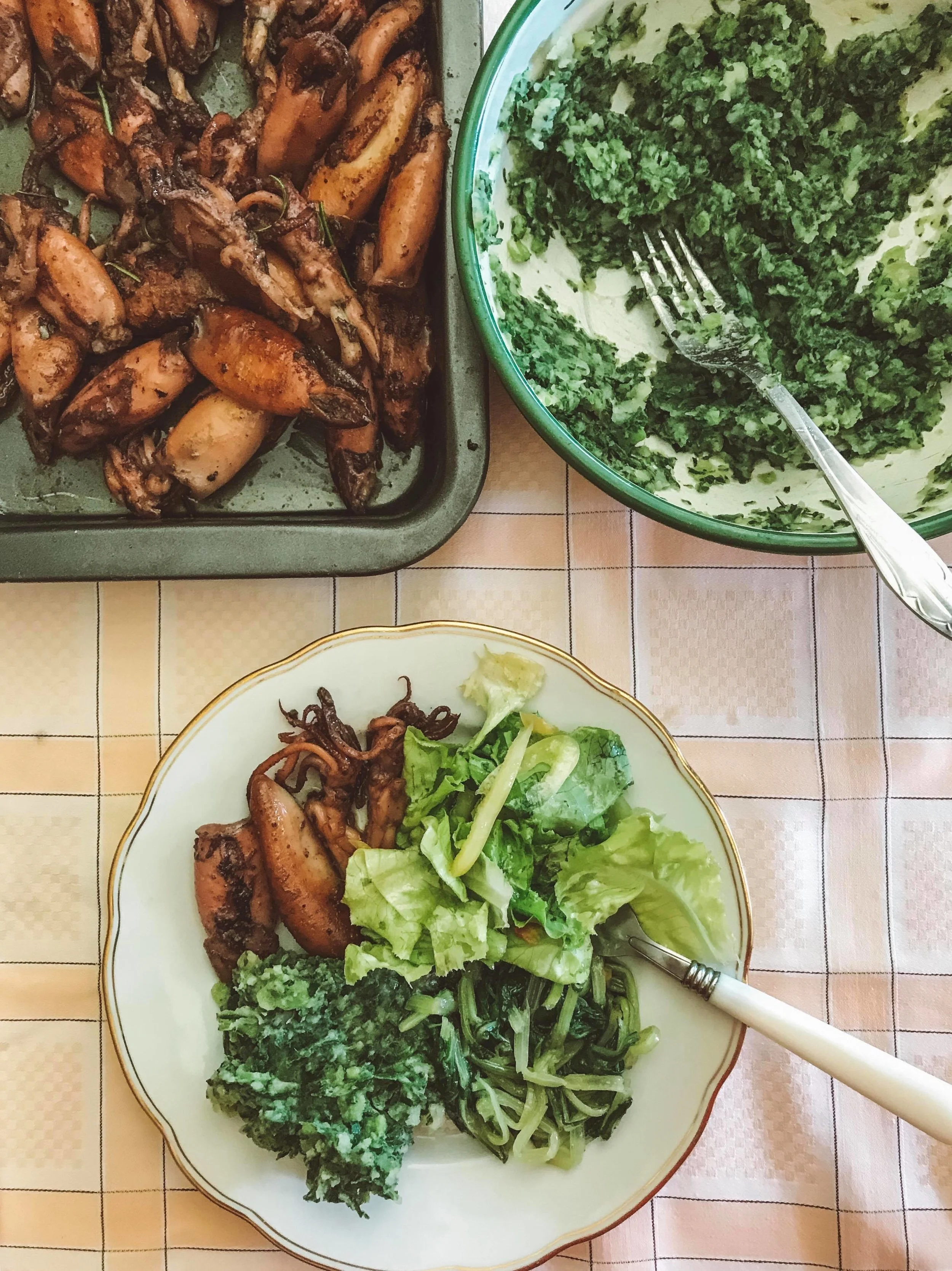 Homestyle feeds - BBQ squid, fresh salad, silverbeet and blitva (mashed potato and chard).