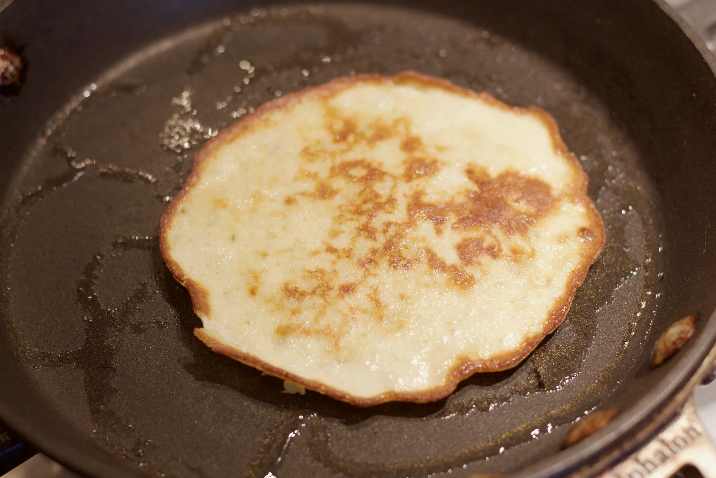 Cook for roughly 30 seconds on each side. The pancake should turn a golden brown color. 