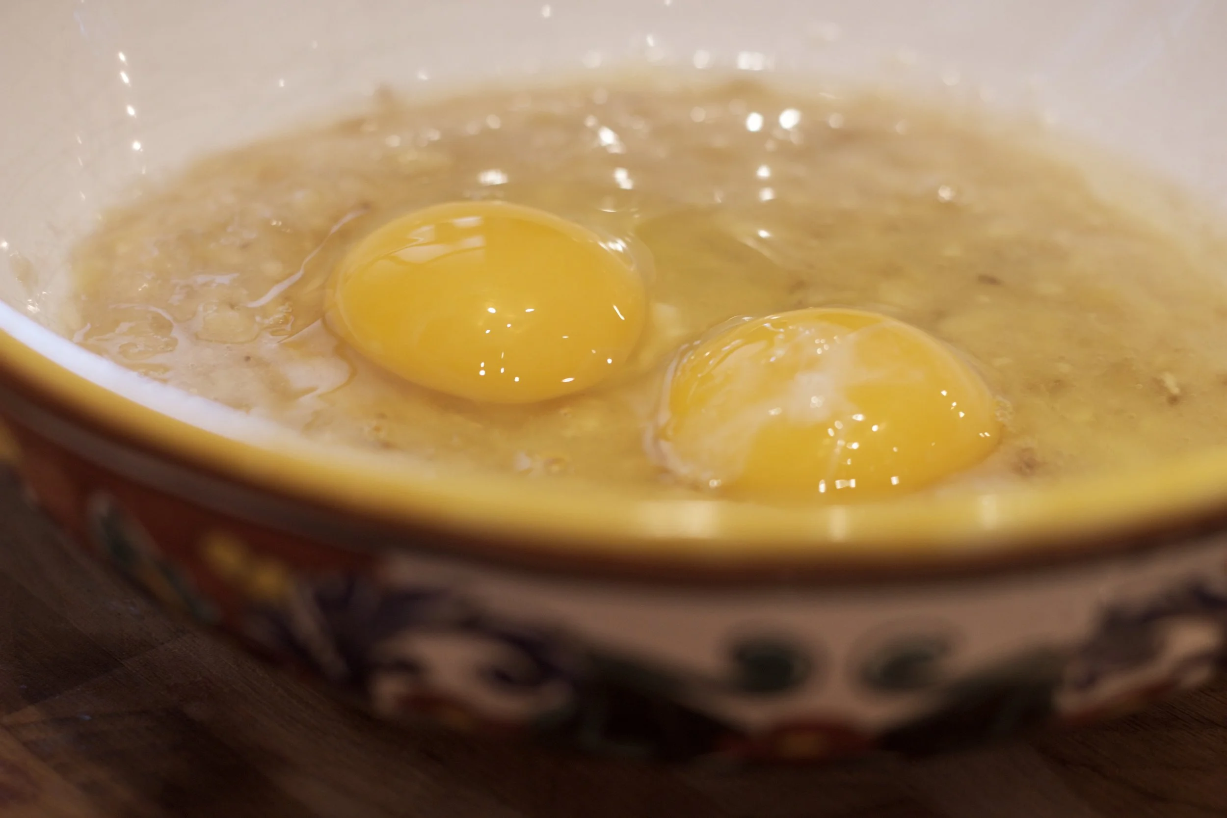 Add the two eggs and mix thoroughly. 