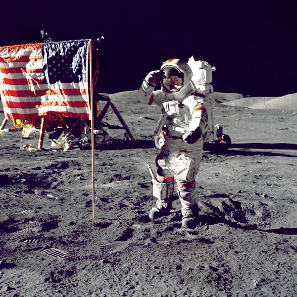 Eugene A. Cernan, Commander, Apollo 17 salutes the flag on the lunar surface during extravehicular activity (EVA) on NASA’s final lunar landing mission. December 13, 1972