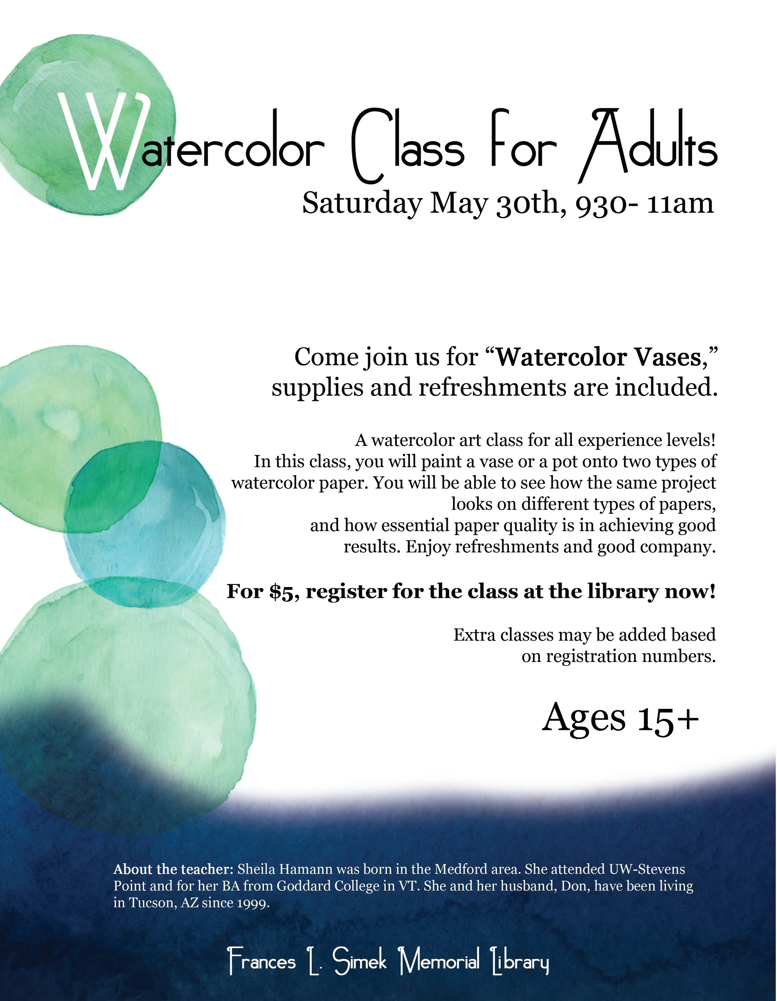 Watercolor Class for Adults at Medford Library 