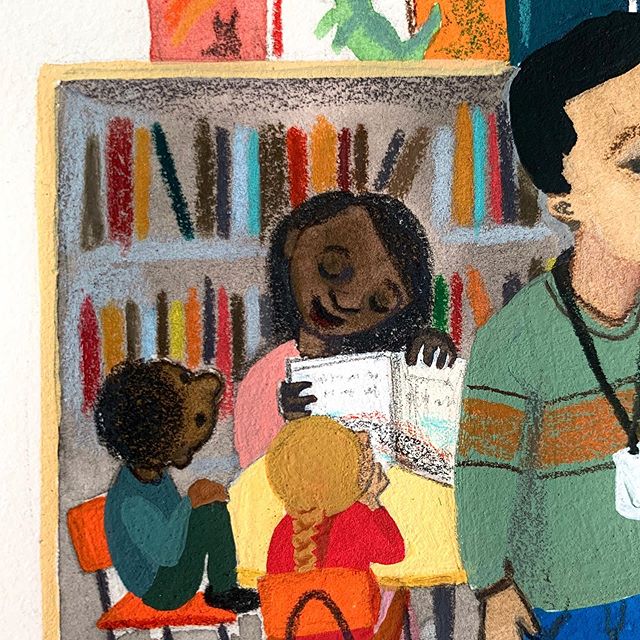 Detail from current project...Could I just get a job painting library scenes please??
&hearts;️📕📚📘💙
#library
#librarylove 
#panpastel
#picturebookillustration 
#holbeinacrylagouache 
#carandache 
#childrenswritersguild 
#illustration_best 
#child