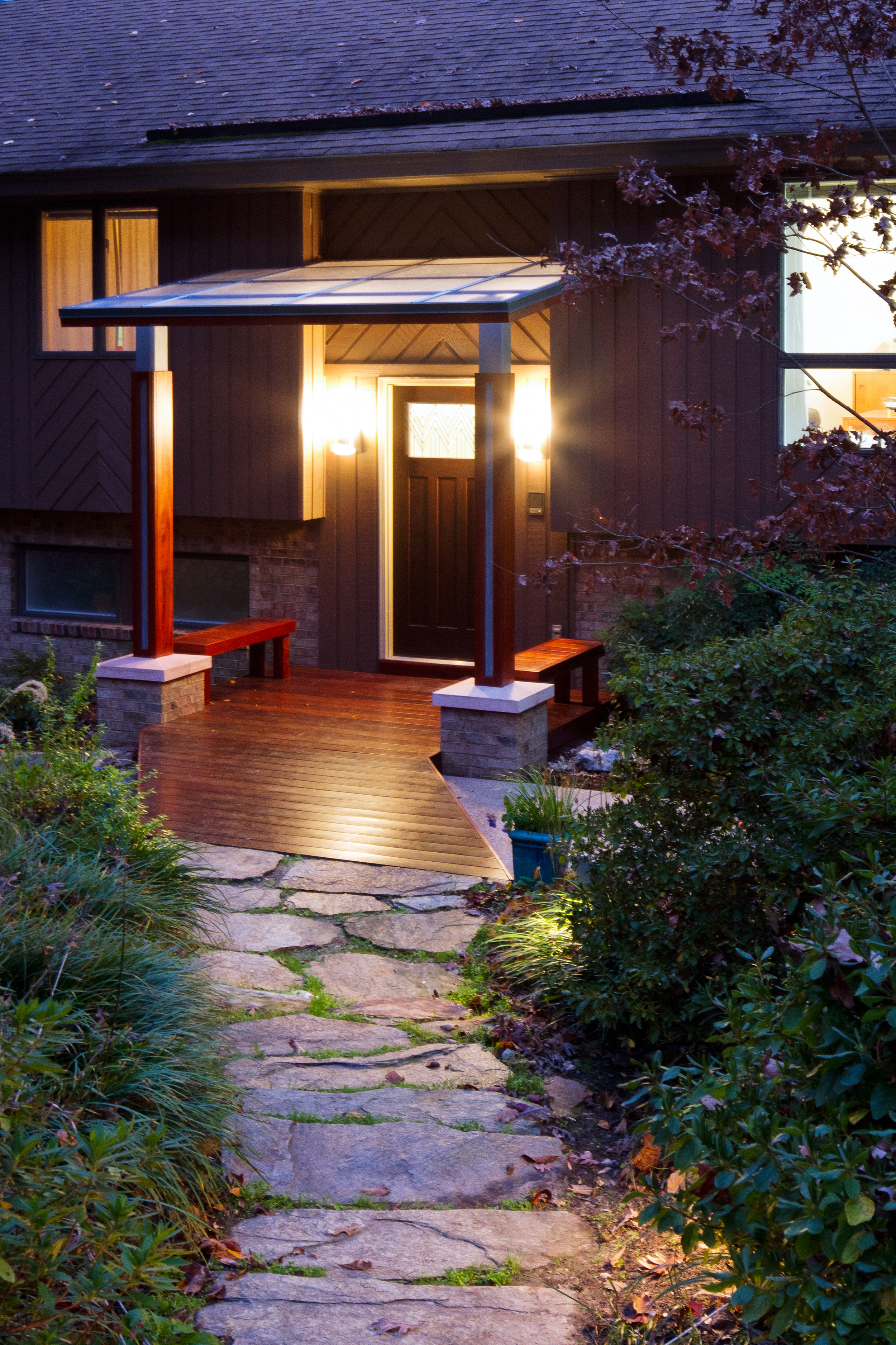 Front porch entry at stone walkway