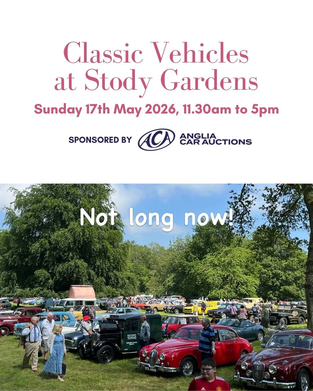 Not long now until our eighth annual Classic Vehicle Day on Sunday 17 May. Expect hundreds of classics of all varieties, masses of food and drink, the sweet tunes of DJ Jules and the gardens to enjoy in all their technicolour glory.

&pound;10 entran