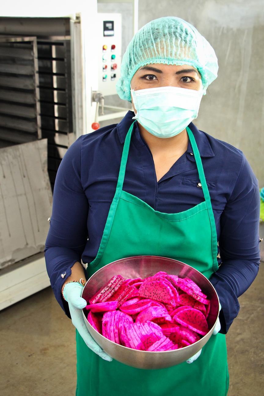 [PMA_DragFruit_33]Employee of Ariesta Bali showing a bowl of freshly peeled dragon fruits (2).jpg