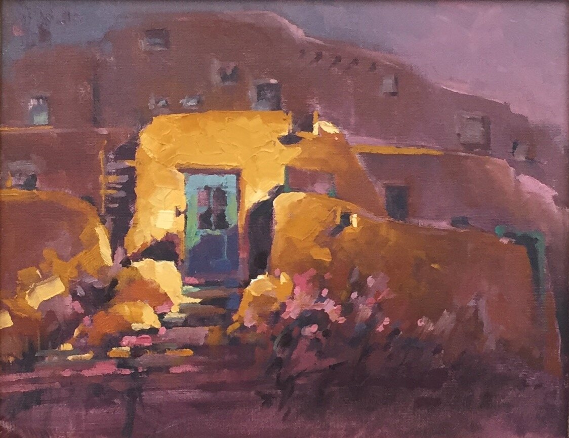creou'sculo taos pueblo yellow and purple, 11x14, oil on canvas on board, $$1500, weber.jpg