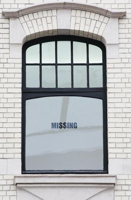 MI$$ING, 2002 - , sticker, dimension variable The piece was created in response to an invitation to an exhibition. At the time of it's making, it had a clear reference to the reality and the then present of the artist. Yet as soon as it was exhibited, it opened up to a larger concept and it continues to redefine itself through time. The work is an embodiment of the minimal means to a maximum effect and a trigger to unleash meanings in a socio-political and artistic landscape.