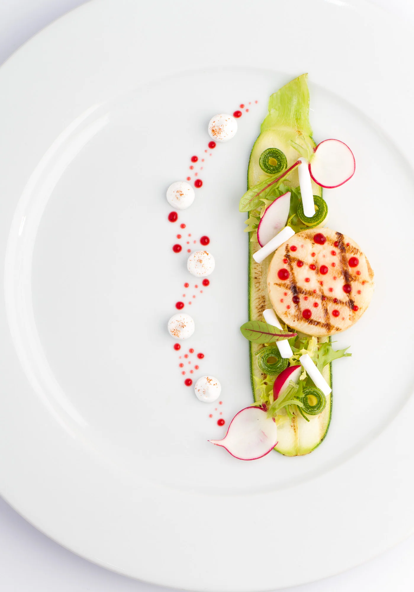 Grilled Zucchini, pickled zucchini and curry meringue