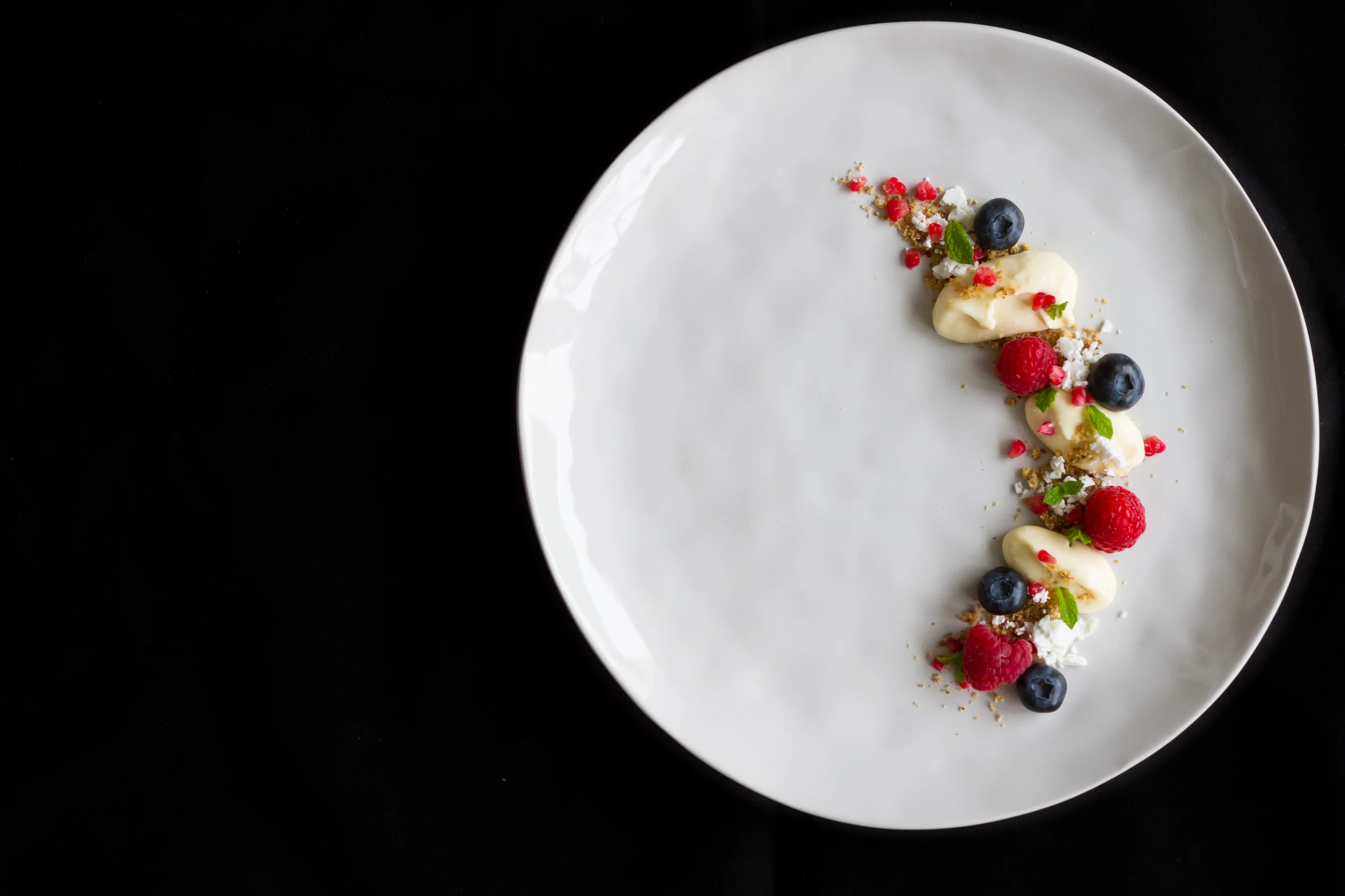 Honey mousse, fennel sand, fresh berries