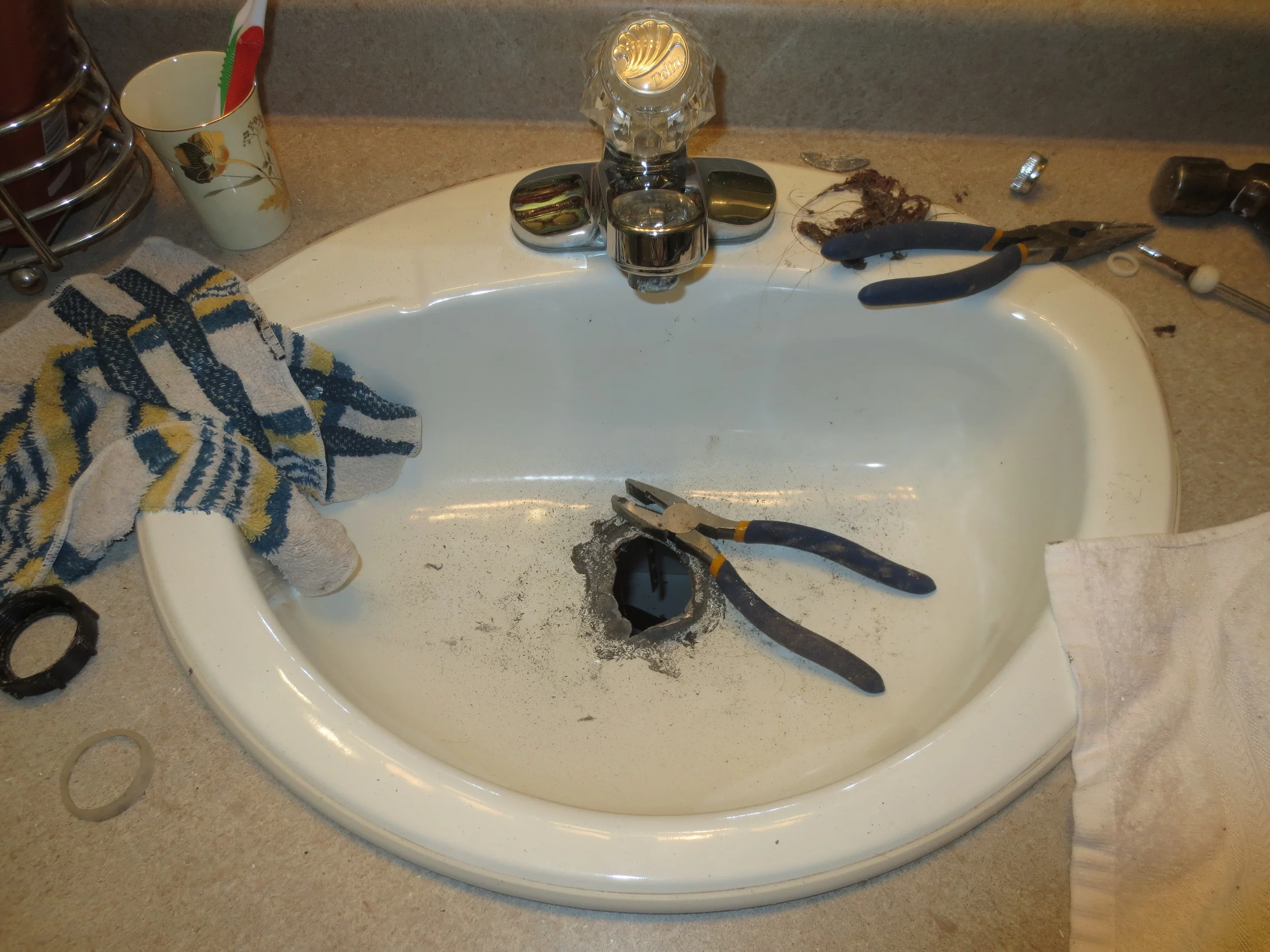 Here it is. The aftermath. We have been brushing our teeth in the tub...
