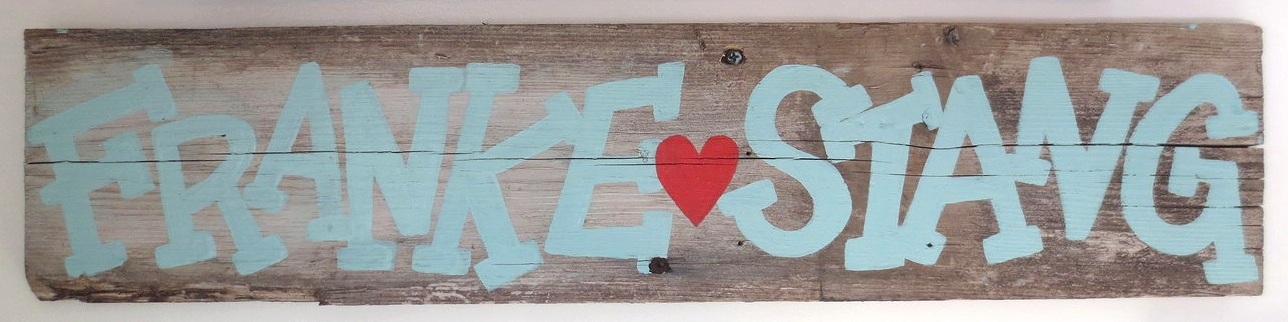 1 - I framed the mint coloured F from our wedding cake and printed 'The Frankes' as well as our wedding date on a piece of scrapbooking paper to use as the background. 2 - This lovely framed, wooden F was used as the tables "numbers" at a friend's wedding, and she let me have this beauty! 3 - This galvanized metal F came from Michaels on clearance sale for $2.99 :D 4 - I made this large marquee style letter F; it lights up and everything! 5 - The hand painted Franke'n'Stang sign was used in our wedding, and now it hangs on our wall.