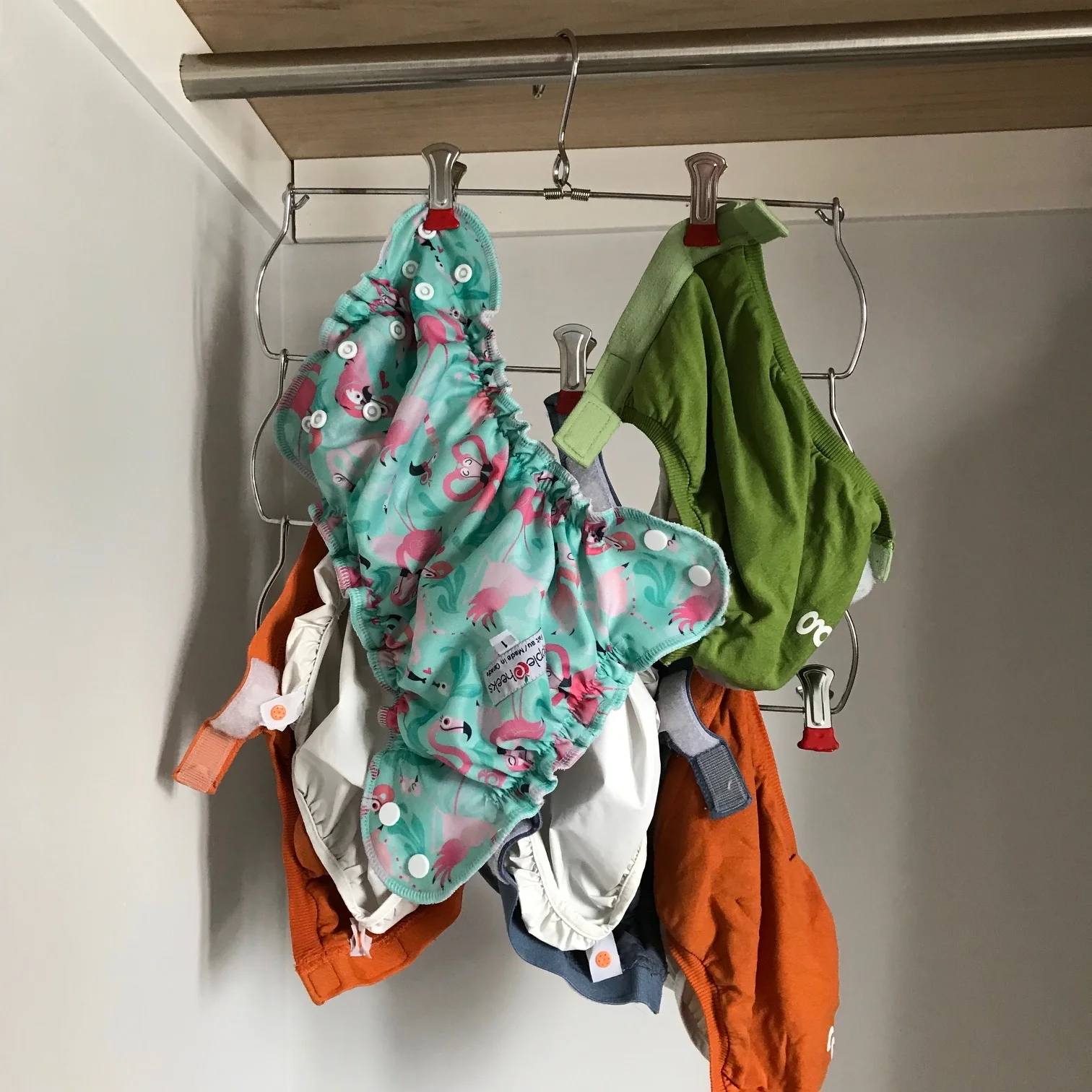 The cages have to be hung to dry. I use this hanging slip organizer thing that I got at the thrift store for a few dollars in my ALMOST finished laundry room!