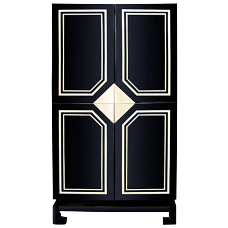 1970's Black Lacquer Cabinet with Bone Inlay