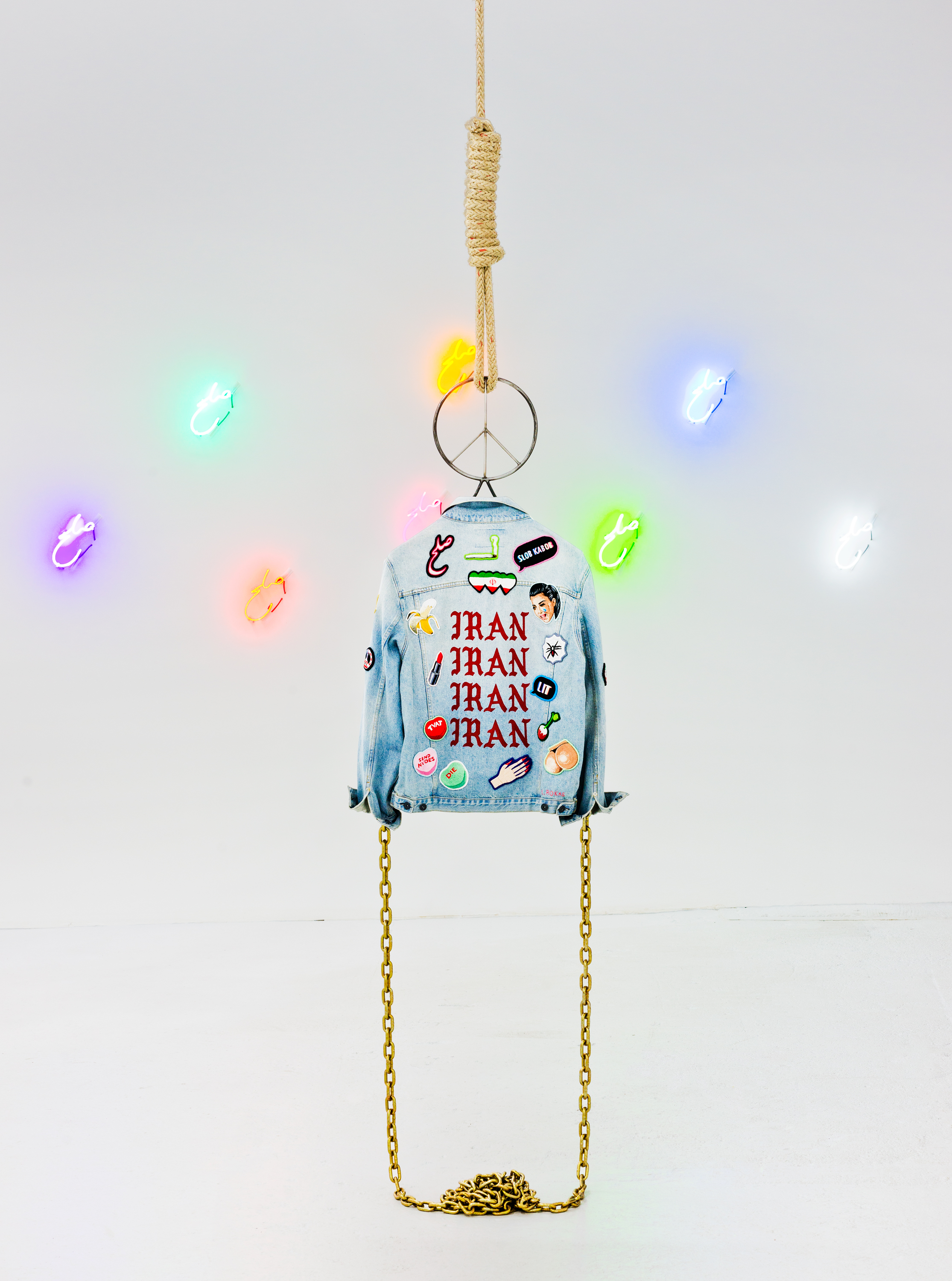 Iran Iran Iran Iran (Collaboration with Laura Rokas) 2017 Pigment, metal, rope, denim, handmade patches, assorted pins, iPhone 7 Plus ©Taravat Talepasand 2019