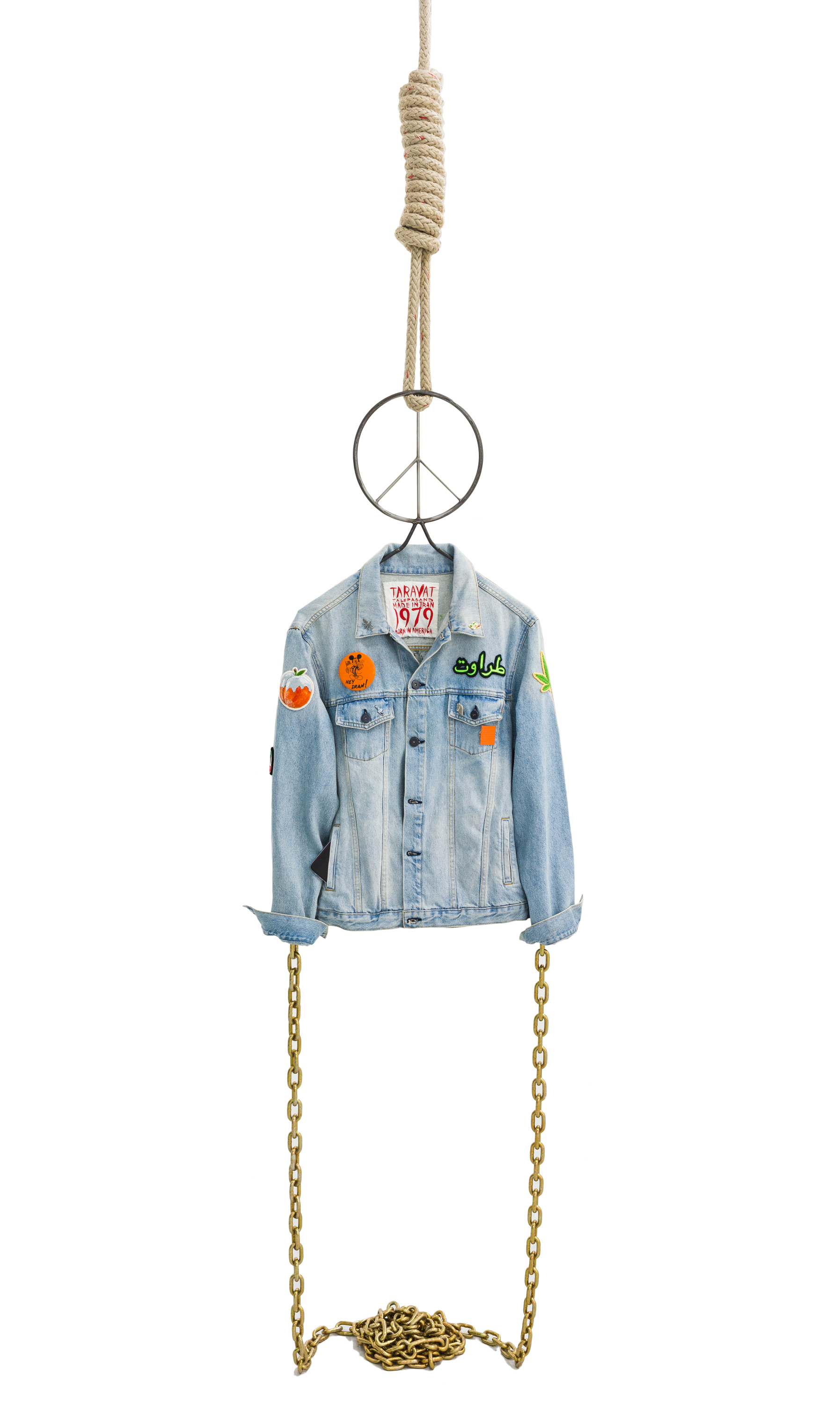 Iran Iran Iran Iran (Collaboration with Laura Rokas) 2017 Pigment, metal, rope, denim, handmade patches, assorted pins, iPhone 7 Plus ©Taravat Talepasand 2018