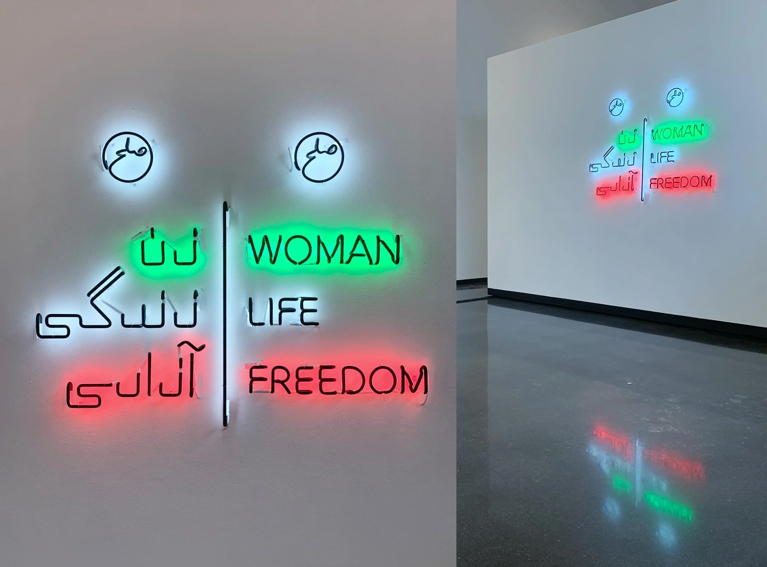 Woman Life Freedom 2023 Neon Installation 55 × 32 inches Exhibition view at Macalester College, MN 