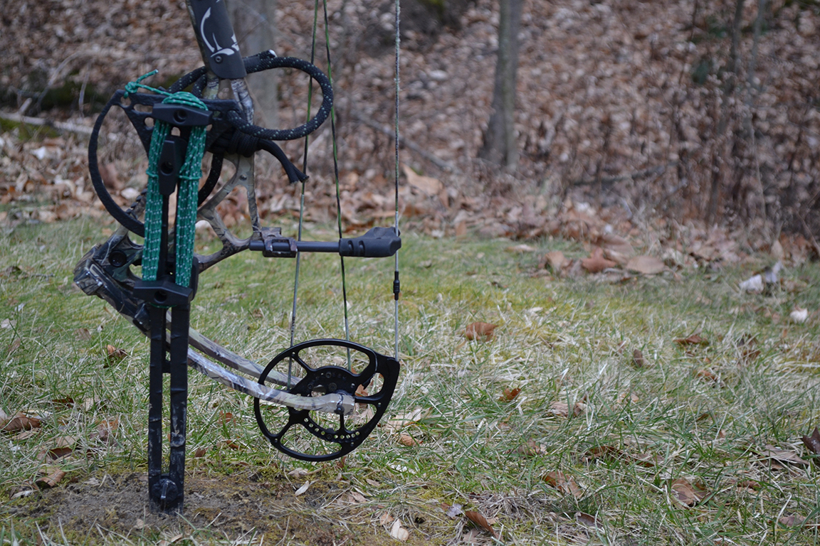 BowDagger: The newest bow hunting accessory with multi-functional mounting slots to act as a bow stand, stabilizer and cam protector.