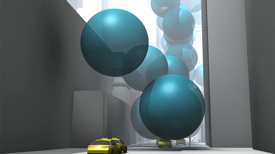  Street-level view of 10 metre (33 ft) spheres of carbon dioxide gas emerging at a rate of one every 0.58 seconds 